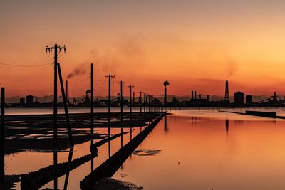 Scenic view of factory against sky during sunset