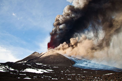 Smoke emitting from volcanic mountain against sky