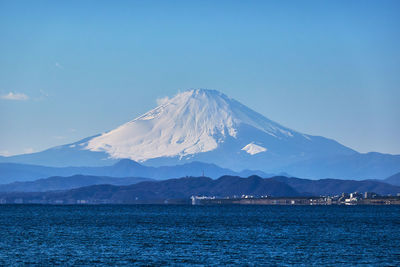 Scenic view of sea and mountain against blue sky