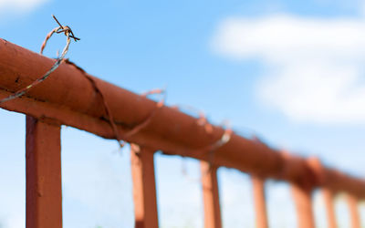 Low angle view of rusty metal fence against blue sky