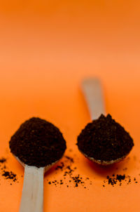 Close-up of bread on table against orange background