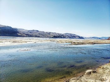 Scenic view of lake against clear sky