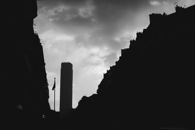 Low angle view of silhouette buildings against sky