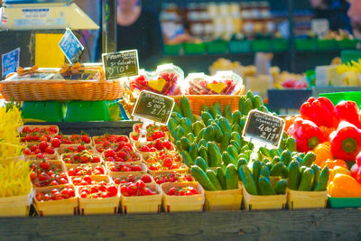 High angle view of food for sale at market stall