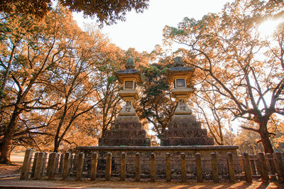 Low angle view of trees and building against sky during autumn