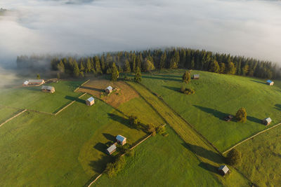 High angle view of agricultural field against sky