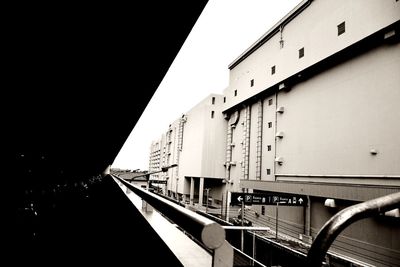 Railroad tracks by buildings against clear sky