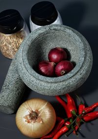 High angle view of strawberries in bowl on table