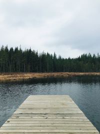 Pier over lake in forest against sky