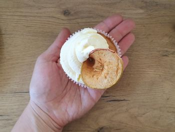 High angle view of hand holding bread