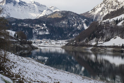 Scenic view of snowcapped mountains and lake against sky