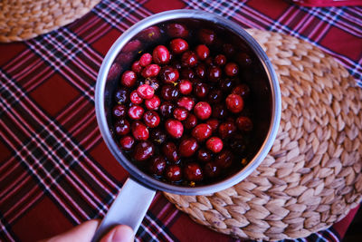 High angle view of strawberries in bowl