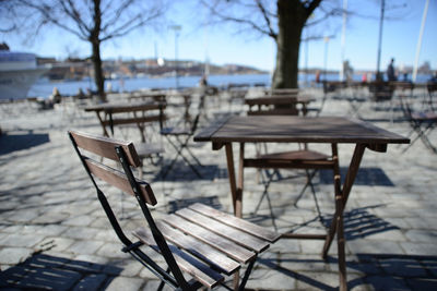 Tables and chairs on walkway