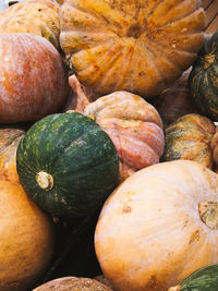 Bright decorative pumpkins. natural background. beautiful and healthy vegetarian food in the market.