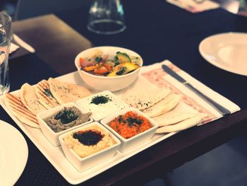 High angle view of meal served on table