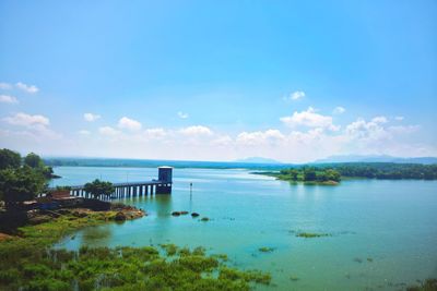 Scenic view of sea against blue sky