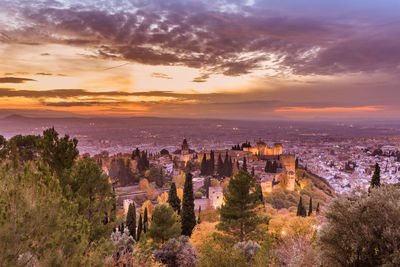 High angle view of city at sunset