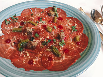 High angle view of meat in plate on table