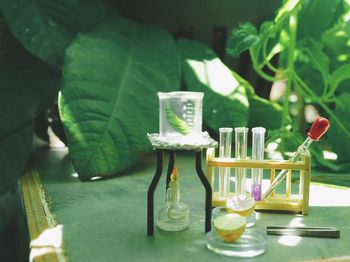 Close-up of glasses on table