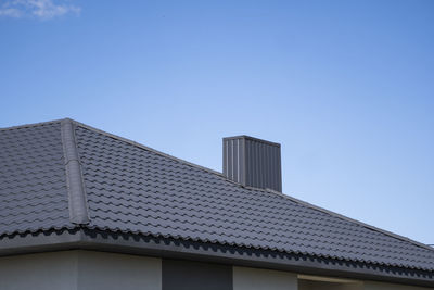 Low angle view of building roof against clear sky