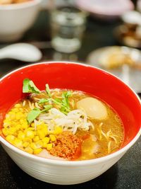 High angle view of soup in bowl on table