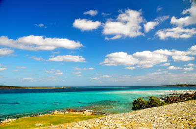 Scenic view of sea against blue sky