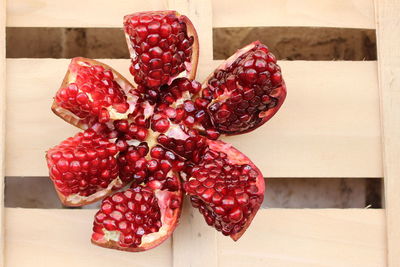 High angle view of strawberries on table