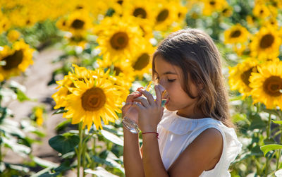 Cute girl drinking water at sunflower field