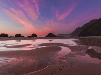 Scenic view of beach against sky during sunset