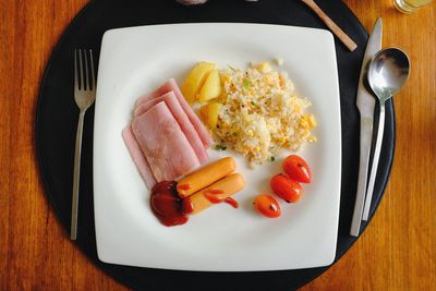 High angle view of food in plate on table