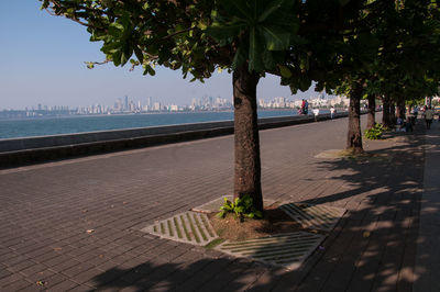 Footpath by bench in city against sky