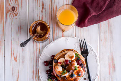 High angle view of breakfast served on table