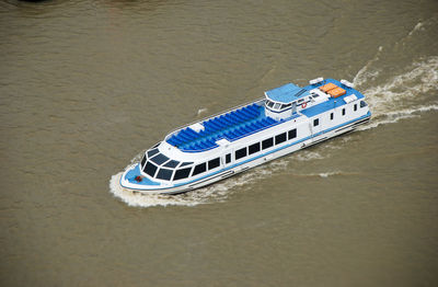 High angle view of ship on beach