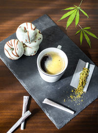High angle view of breakfast on table