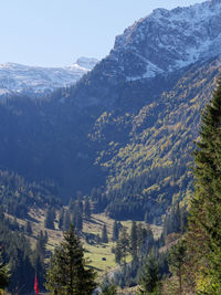 High angle view of trees and mountains against sky