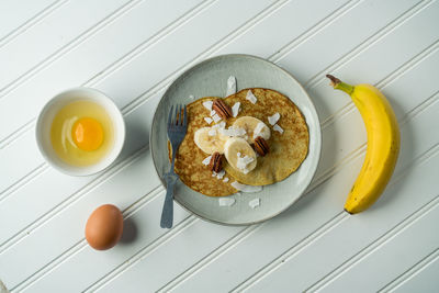 High angle view of breakfast served on table