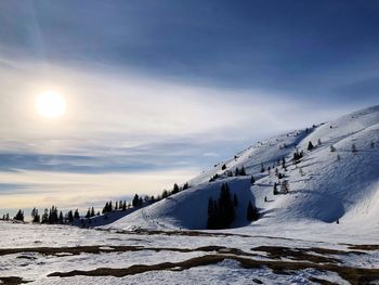 Scenic view of snow covered mountain against sky