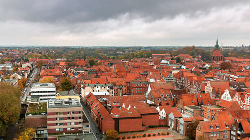 High angle shot of townscape against sky
