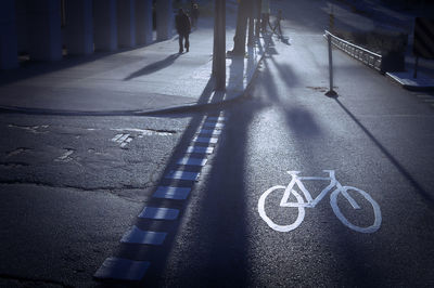 Low section of man with bicycle on road in city