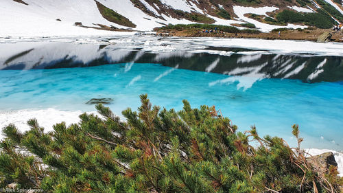 Scenic view of sea by snowcapped mountain