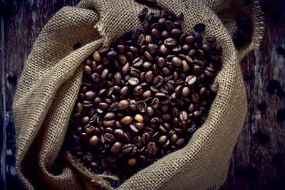 High angle view of coffee beans in container