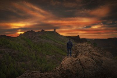 Rear view of man looking at mountain during sunset