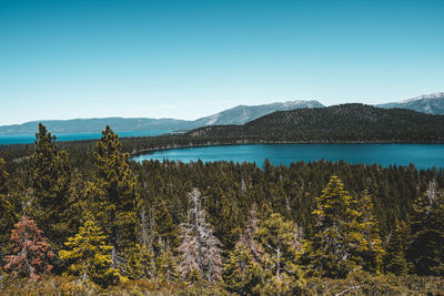 Scenic view of lake against clear blue sky