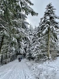 People walking on snow covered land against sky