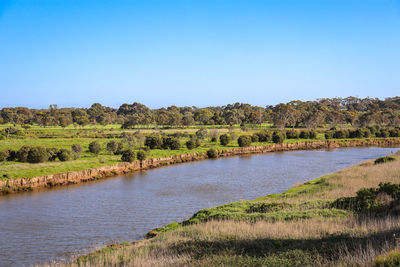 Scenic view of river against clear blue sky