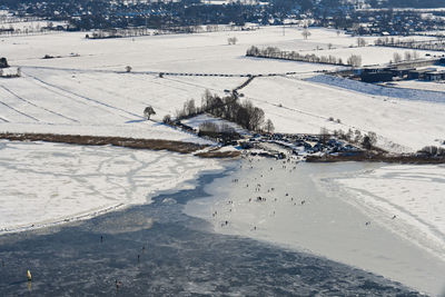 High angle view of snow covered land