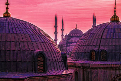 Sultan ahmed mosque seen from hagia sophia during sunset