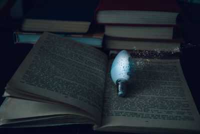 High angle view of text on book