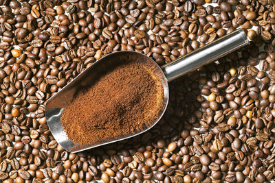 Close-up of coffee beans with ground coffee in serving scoop