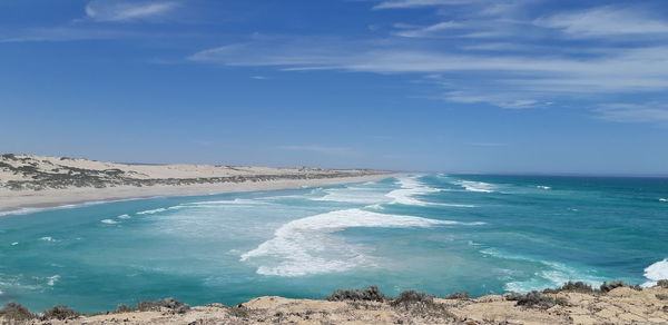 Scenic view of sea against blue sky